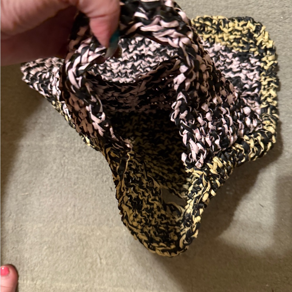 Multicolor Knit Tote Bag Black Pink Yellow Boho Crochet Style - Picture 5 of 5